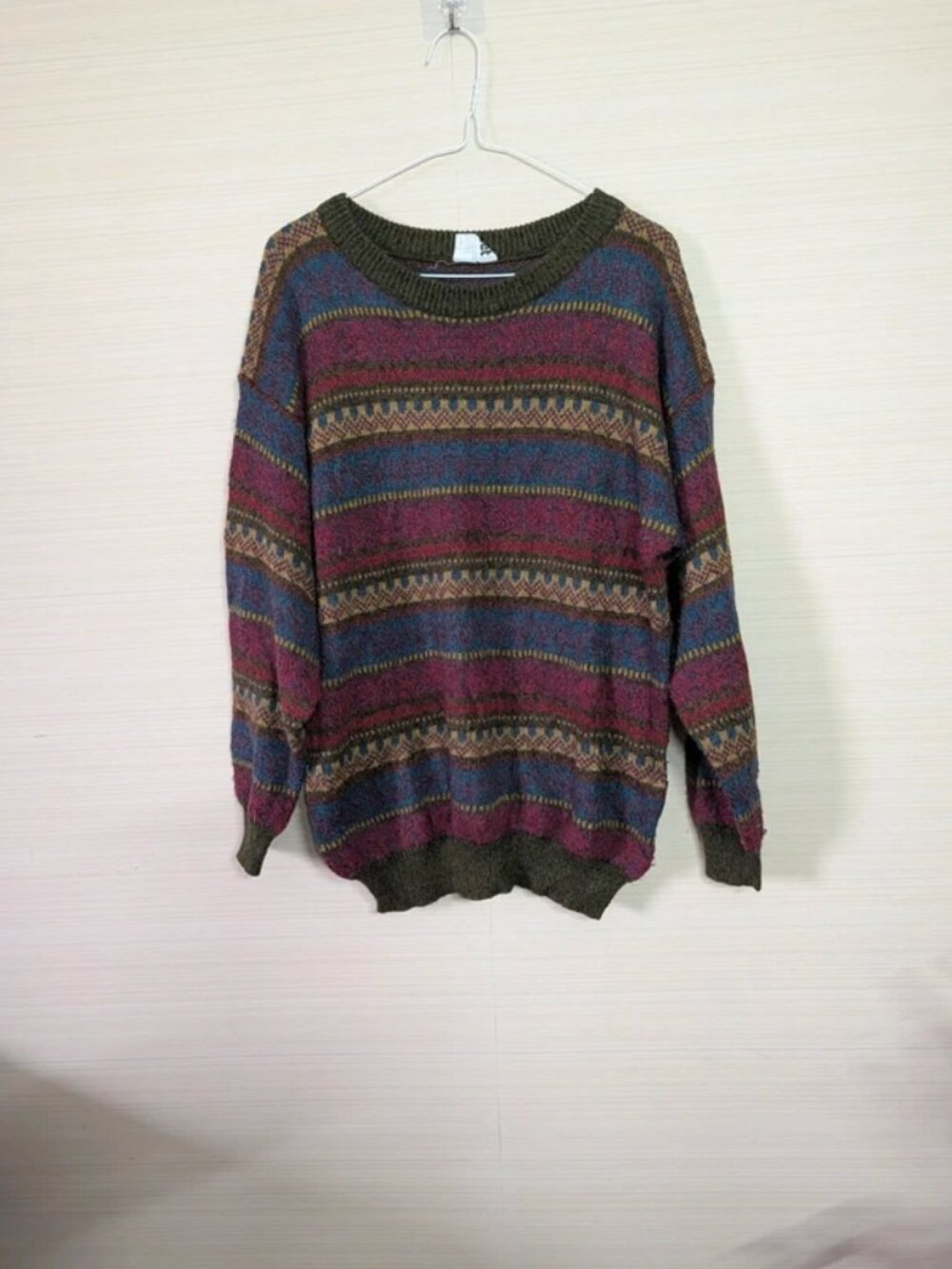Vintage Multicoloured Fair Isle wool blend Knit Jumper m Burgundy Blue Green Ove - Picture 1 of 5